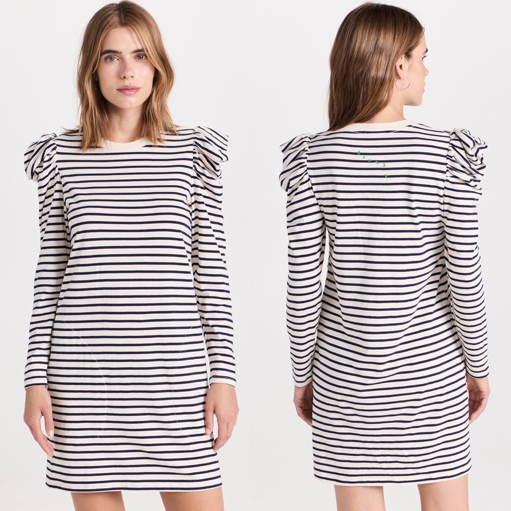 Clare V. Le Puff Dress Long Sleeve Navy & Cream Yarn Dye Stripe Size Medium